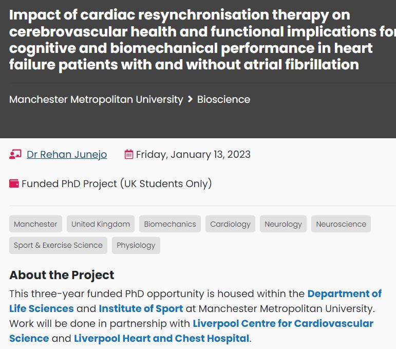 Rehan Junejo (@rtjunejo) on Twitter photo I have a fully funded PhD🧑🎓opportunity available to investigate cerebrovascular health and functional implications for heart failure patients with and without atrial fibrillation - Apply soon! deadline 13.01.23
shorturl.at/lvzM9
<a href="/LiverpoolCCS/">Liverpool Centre for Cardiovascular Science</a> <a href="/McrInstSport/">Manchester Met Institute of Sport</a> <a href="/ManMetUni/">Manchester Metropolitan Uni</a> I have a fully funded PhD🧑🎓opportunity available to investigate cerebrovascular health and functional implications for heart failure patients with and without atrial fibrillation - Apply soon! deadline 13.01.23
shorturl.at/lvzM9
<a href="/LiverpoolCCS/">Liverpool Centre for Cardiovascular Science</a> <a href="/McrInstSport/">Manchester Met Institute of Sport</a> <a href="/ManMetUni/">Manchester Metropolitan Uni</a>