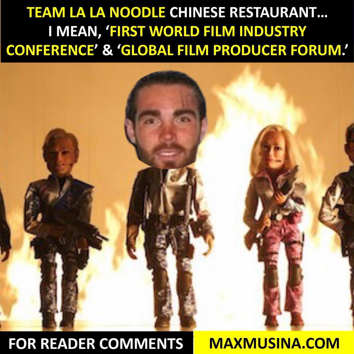 maxmusina82's tweet photo. Max Musina, LA Noodle? What’s the brig idea?! Like the #teamamerica movie Max Musina + his band of would-be filmmakers dreamed up First World Film Industry Conference &amp; Global Film Producers Forum #maxmusina #massimilianomusina #nft #parody #Crypto https://t.co/6YC0X33mNY #wfics https://t.co/8vlTlY2VJ7