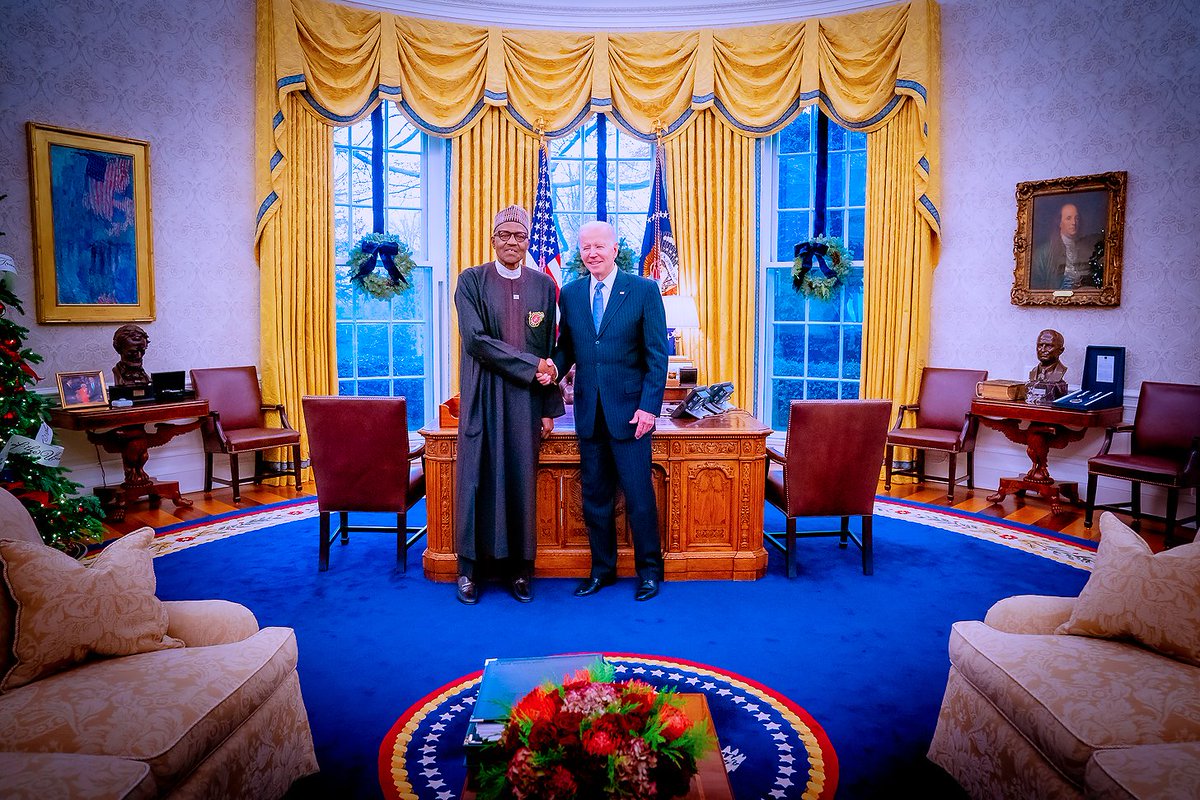 NigeriaGov's tweet photo. Yesterday, President Muhammadu Buhari met with President Joe Biden at the White House on the sidelines of the US-Africa Leaders Summit. #PMBinDC https://t.co/7YG8ZkkB0c