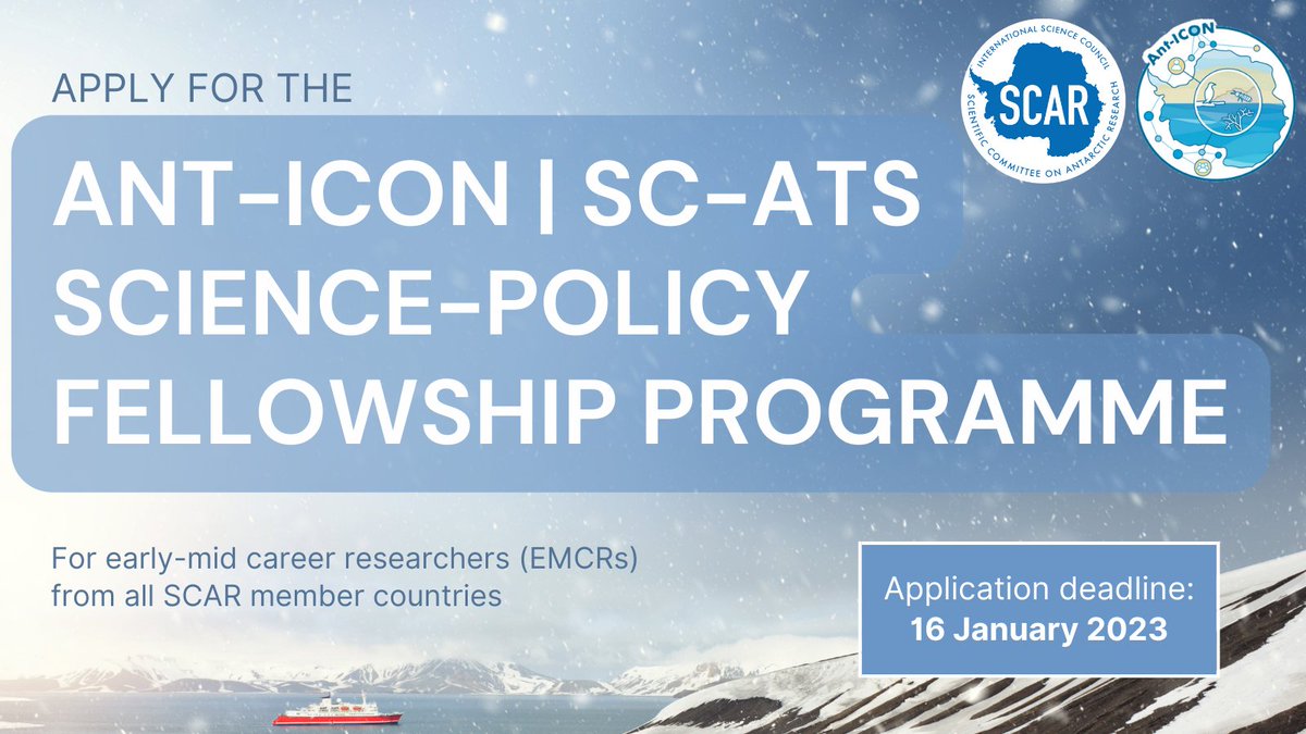 🎉 Applications are now open for the inaugural SCAR @AntICON_SCAR | SC-ATS science-policy fellowship programme 🎉 For early-mid career researchers (#EMCRs)! 📅 Application deadline: 16 January 2023, 23:59 UTC ⬇️ All information & how to apply: ⬇️ scar.org/scar-news/ant-…