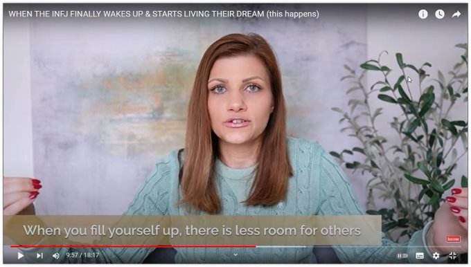 WHEN THE INFJ FINALLY WAKES UP & STARTS LIVING THEIR DREAM (this happens)
https://www.youtube.com/watch?v=QkkPjEF7A1g
5,350 views  14 Dec 2022  #INFJ #INFJLIFECOACH #LIFECOACHING
Free INFJ EPIC LIFE Formula Poster: https://infjformula.gr8.com/
Get the INFJ Audio GUIDE TODAY!!! https://bit.ly/epiclifeaudio

INFJ Life Coach  Lesson: Ah, the elusive INFJ dream. It's a tricky tangle of recognizing what we want and behaving in ways that help us get there - not an easy journey by any means! Most personality types need to take some time out for self-reflection before they can make this leap into living their dreams; while INFJs may be preternaturally gifted at looking inwardly, it doesn't guarantee our success here. To truly live up to our potential, or achieve those lofty goals set deep within ourselves, we must intentionally choose actions towards reaching our goals.

Additional Free Material:
Free "PRODUCTIVE WEEK FOR INFJ" Poster: http://bit.ly/2REtVyc
Free INFJ Email Course: http://bit.l