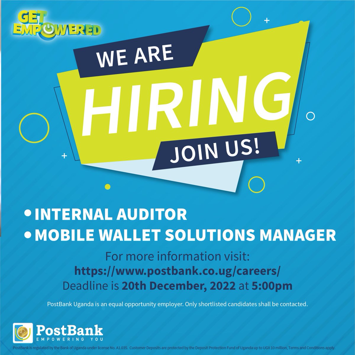 Do you have what it takes to join our team?
 
For more information, follow the link below:
postbank.co.ug/careers/

#GetEmpowered 
#NowHiring #JobHunt