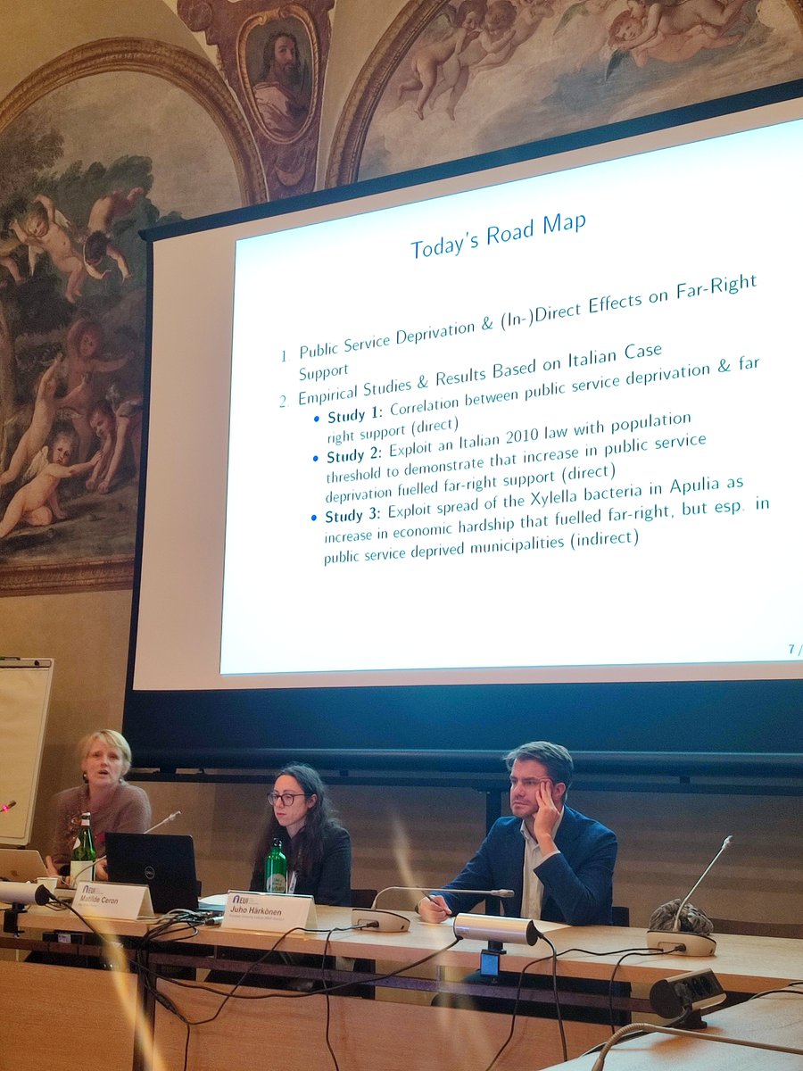 Fantastic lecture yesterday by Prof @CatherineDVries on how public service deprivation (low access to public support provision) leads to support for the far-right. Interestingly, no effect for the 5 stars. Thanks to @EUI_MWProgramme for organising!