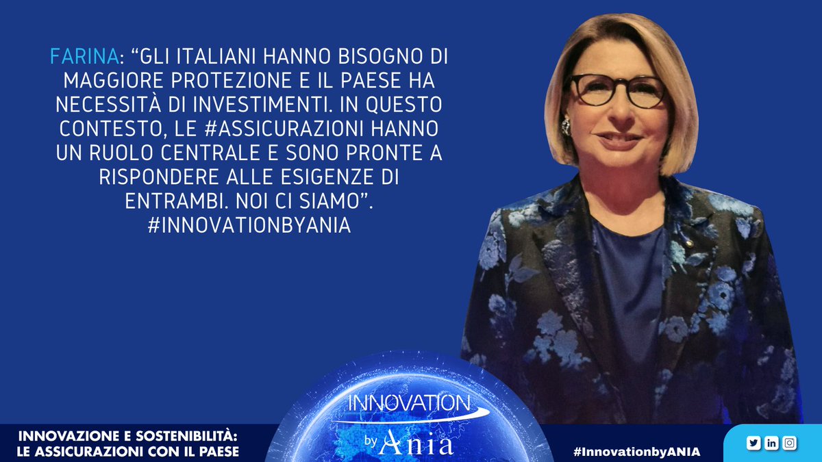 Farina: “Gli italiani hanno bisogno di maggiore protezione e il Paese ha necessità di investimenti. In questo contesto, le #assicurazioni hanno un ruolo centrale e sono pronte a rispondere alle esigenze di entrambi. Noi ci siamo”.
#InnovationbyANIA