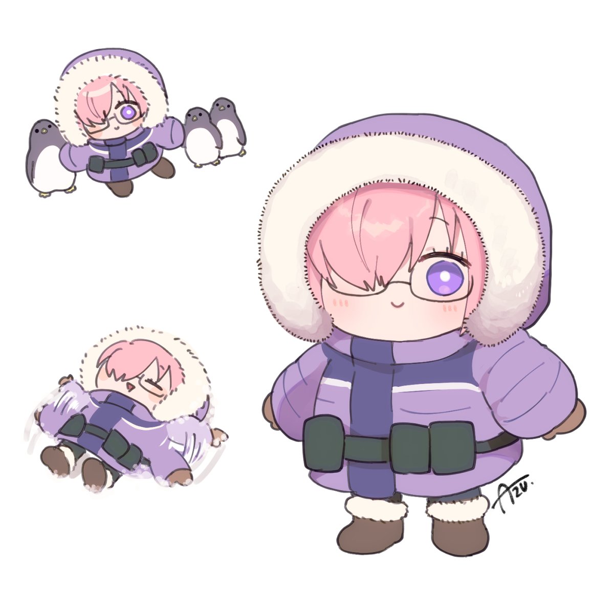 mash kyrielight 1girl purple eyes hair over one eye chibi smile glasses fur trim  illustration images