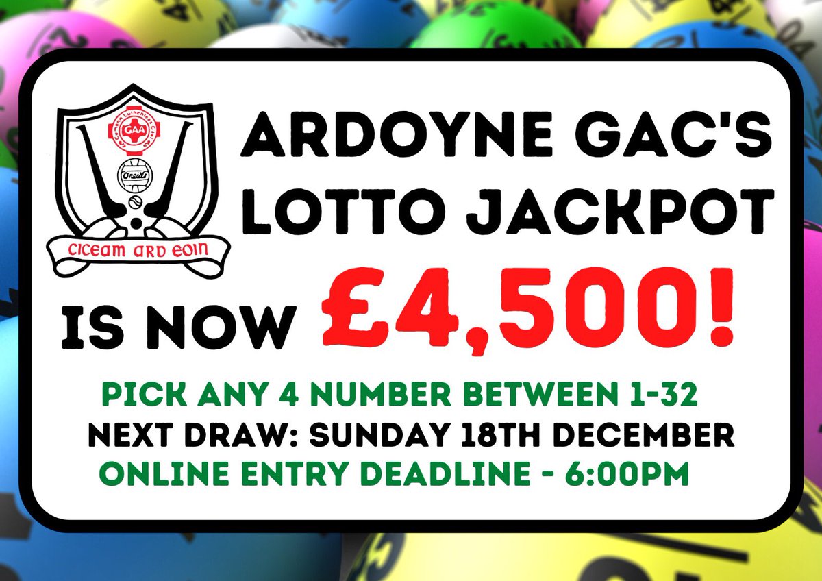 ardoynegac's tweet photo. Sunday's lotto jackpot is a massive
£4,500!!
Play online at https://t.co/ecsHiSSgXB
Online deadline is 6pm. 
Minimum play is £5.
Good luck!
PLEASE RT https://t.co/FMyzLatyW3
