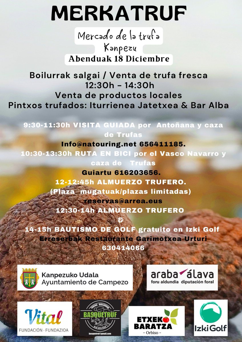 Mendialdea_info's tweet photo. MERKATRUF Mercado de la trufa.
#Kanpezu, abenduak 18 de diciembre.
#MontañaAlavesa #ArabakoMendialdea #Merkatruf #Basquetruf #EtxekoBaratza https://t.co/mf6Uj7YXmR
