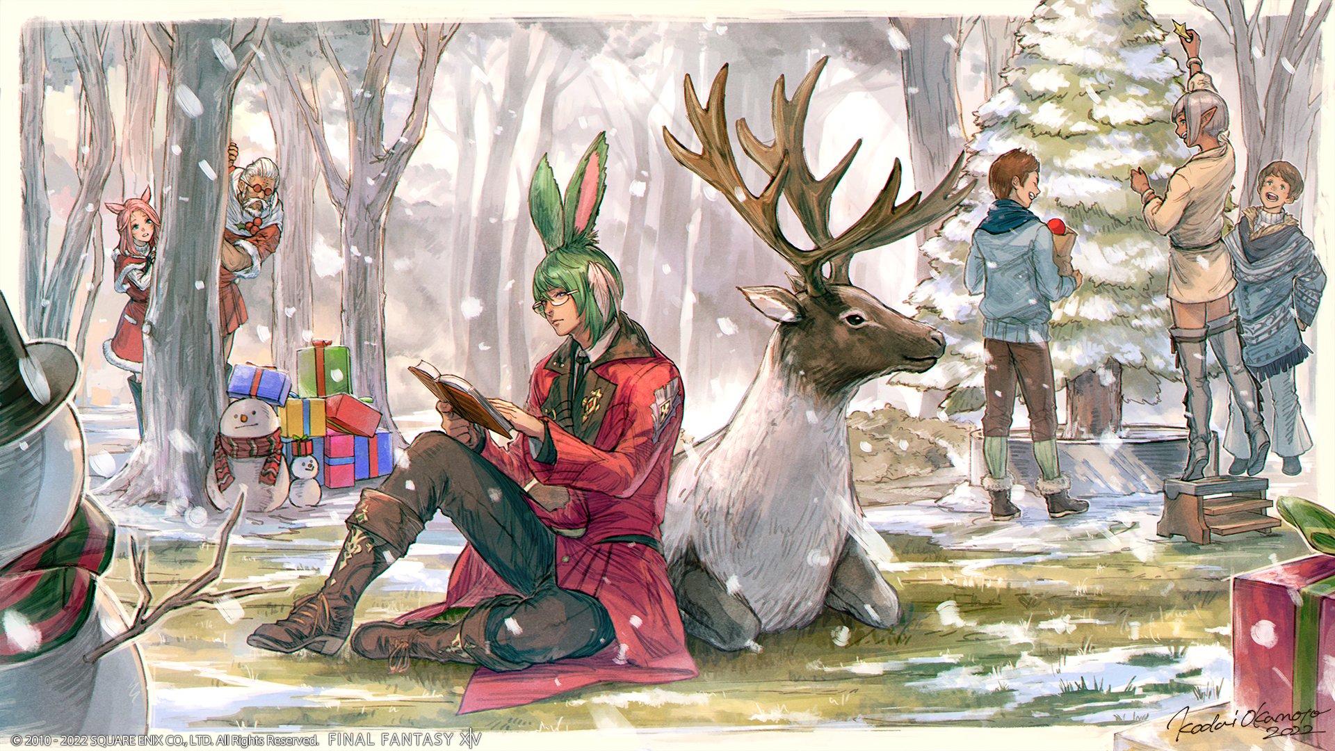 An illustration for Final Fantasy 14's Starlight Celebration 2022. A Viera with green hair and a red cloak is sitting reading a book next to a brown reindeer in the middle of a snowy meadow surrounded by a forest. Festively dressed characters are peeking out from behind trees and children are decorating a fir tree in the background. Presents and Snowmen are scattered in the background and foreground.