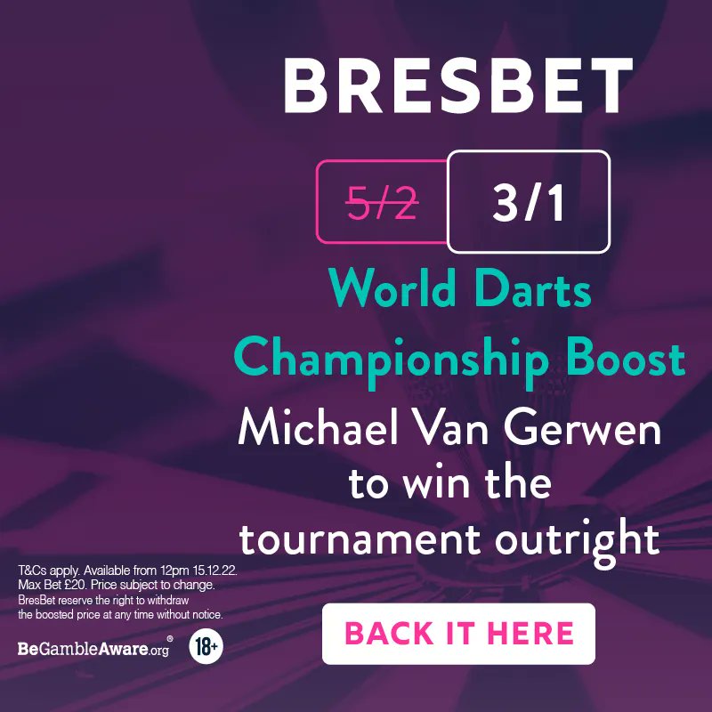 Best price in the country for Michael van Gerwen to win this years #WorldDartsChampionship outright Was 5/2 -> now 3/1 Back it here⤵️ buff.ly/3FvINIv Max bet £20. Price subject to change. BresBet reserve the right to withdraw the boosted price without notice