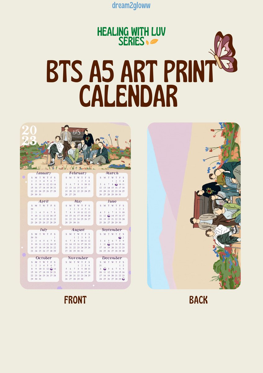 dream2gloww's tweet photo. Hi luv! 💜 

Healing with Luv Series 🍃

First preview: 
- BTS A5 ART PRINT CALENDAR

Mark your calendar on 19 December! 🫣 https://t.co/Rirn3dC7Td