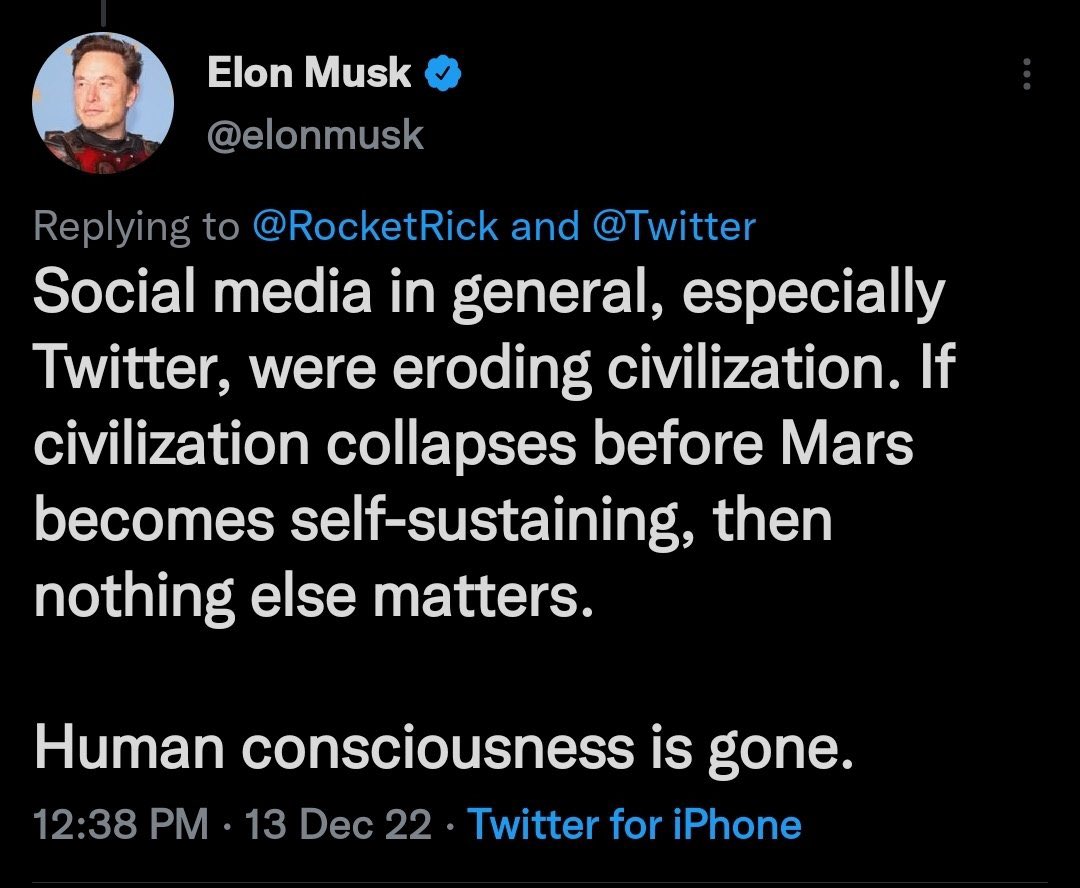 Late-stage Twitter. A wild ride. @elonmusk drops a cool $44 big ones on Twitter, murders it in broad daylight and then goes full Rambo-style hunting with the husk of it tied to his back. To take the movie analogy a step further, Musk has gone full Bob Barnes / Platoon.