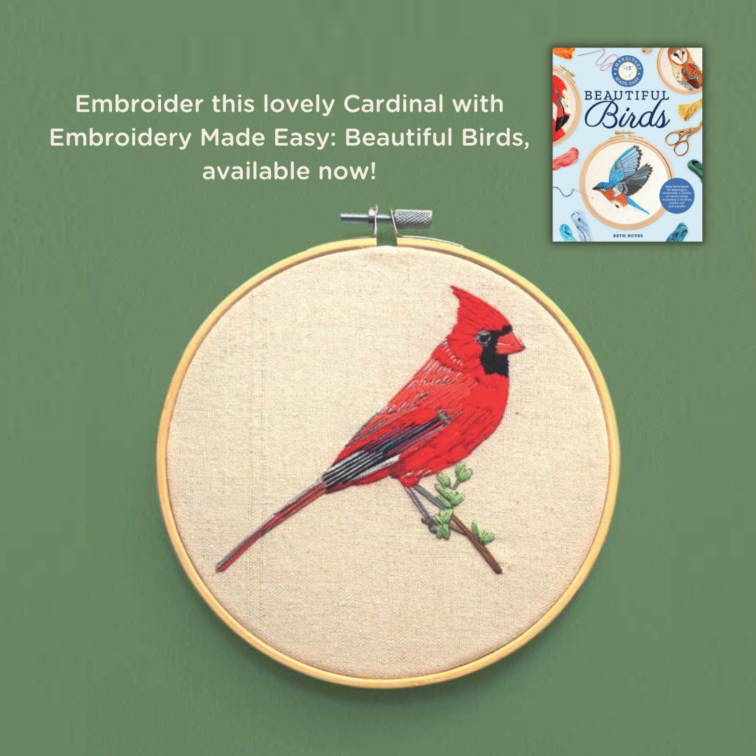 Through a collection of 12 patterns, #embroidery artists will discover how to employ the art of thread painting to create 
 popular birds, including this bright red cardinal.

Beautiful Birds is available now, wherever fine books are sold!
amazon.com/exec/obidos/AS…
