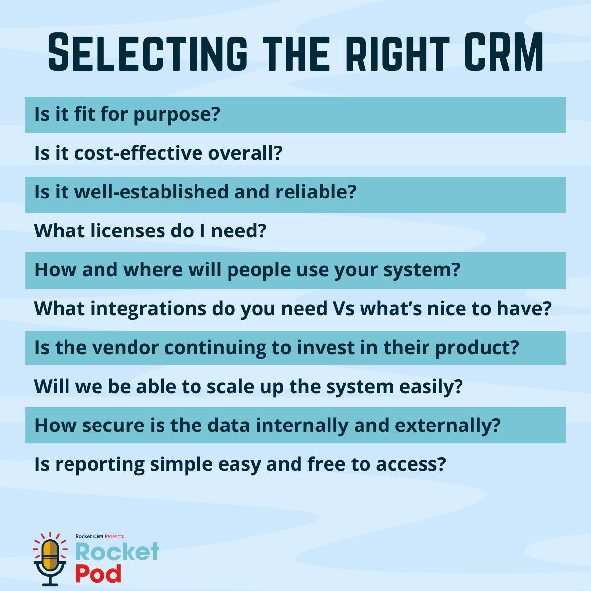 rocketcrmuk's tweet photo. Don't rush into choosing a new CRM without asking these questions first.

Read the full 10-step guide to implementing a CRM: https://t.co/lfalybuIW8

#CRM #CRMsoftware #CRMselection #CRMPartner #crmadvice https://t.co/pohYyQ5Pgp