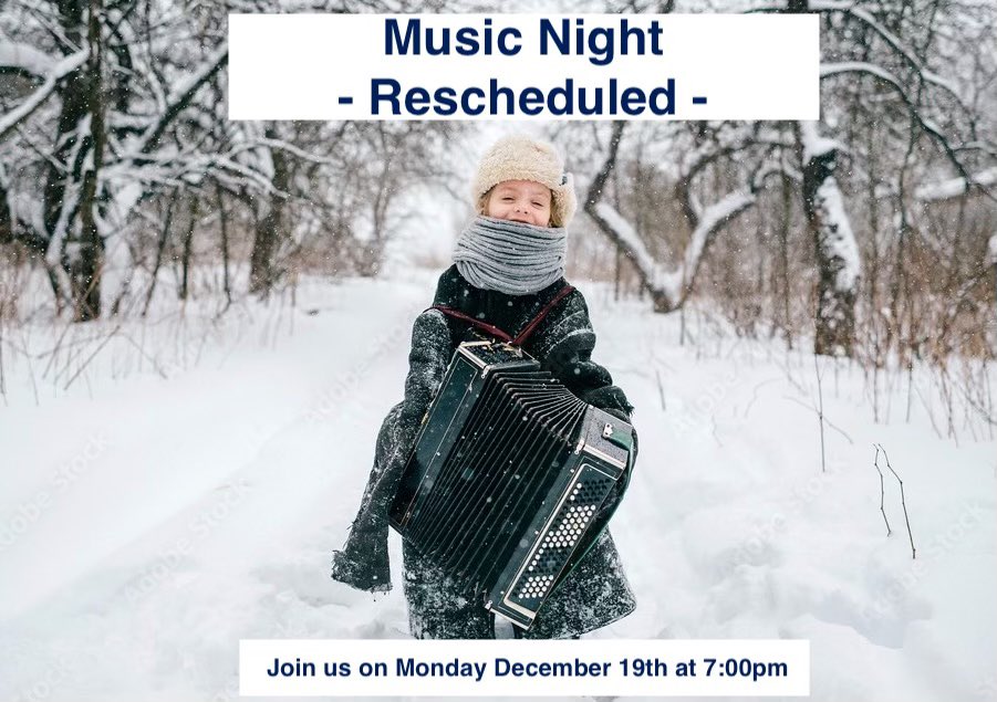 MusicMayfield's tweet photo. Due to inclement weather, the Mayfield Music Night has been rescheduled to Monday, December 19 at 7:00 PM. We hope you can join us! https://t.co/2pRjh7IVFR