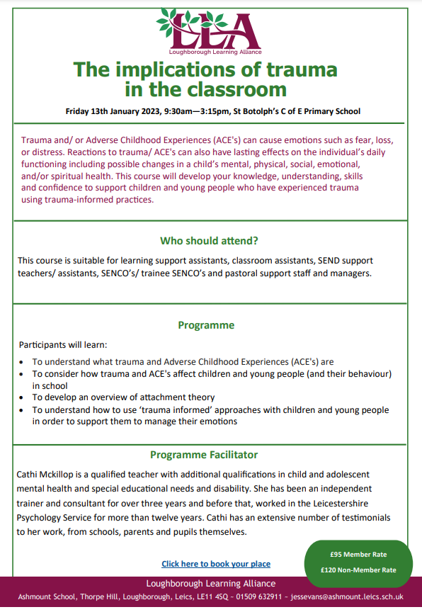 LLAAshmount's tweet photo. Do you want to learn more about Trauma and/or Adverse Childhood Experiences (ACE's) and how to help children and young people? Then this is the course for you - https://t.co/rfwCYvcbzg https://t.co/9AJUrODDHD