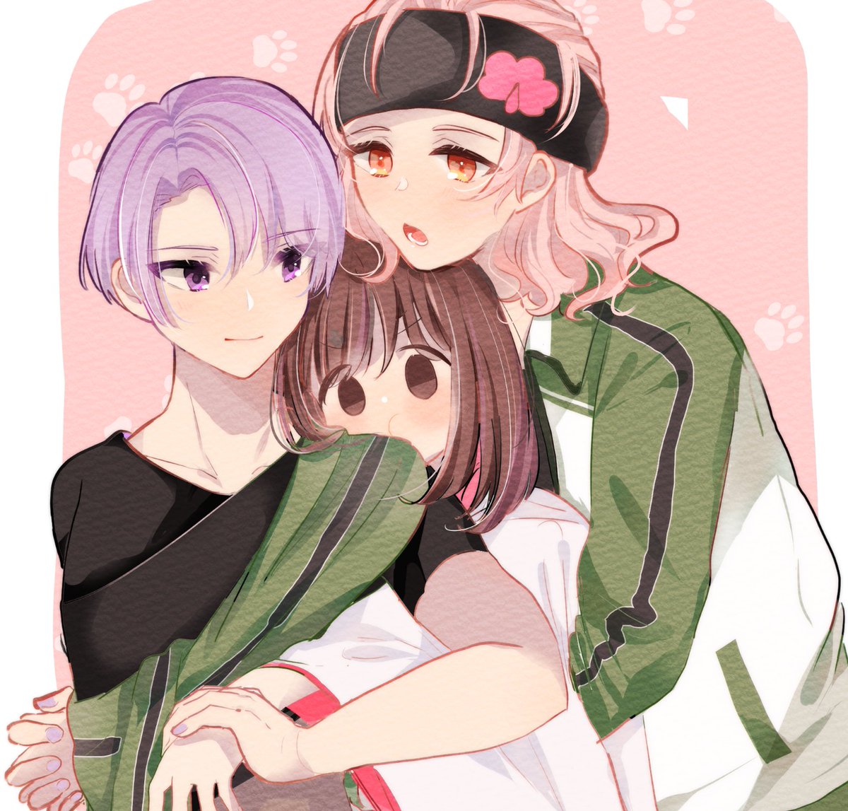 multiple girls pink hair green jacket shirt purple eyes brown hair hug  illustration images