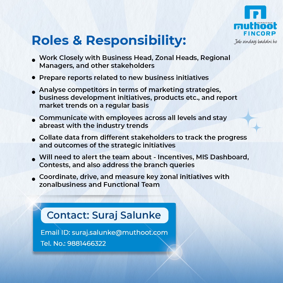 MuthootIndia's tweet photo. #HiringAlert π£
Are you always updated on market trends and are coming up with new ways to help a business grow efficiently? If yes, then send us your resume today if the job description matches your skill set.
#OneMuthoot #Walkin #JobDrive #Job #Hiring #MumbaiJobs https://t.co/qbyZ7ZQaSH