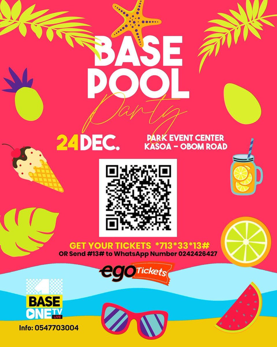 eGotickets's tweet photo. Feel the experience at the Base Pool Party
It’s gonna be a fun time on the 24th.
Dial *713*33*13# to get your tickets 
0r click here https://t.co/rKNc4oG9oP
You can also send #13# to 0242426427 on WhatsApp for tickets.

 #eGotickets #basepoolparty #baseonetv #December2022 https://t.co/fXvFy225d7