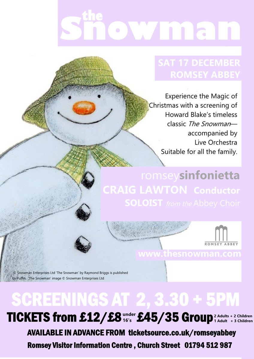 ThomasWharton14's tweet photo. Don't forget, live performance of the Christmas classic, The Snowman, takes place this Saturday 17th December with screenings at 2, 3.30 and 5pm. Tickets available at https://t.co/nnuzghnN5L
Romsey &amp; Test Valley Visitor Information Centre
and at the door, subject to availability. https://t.co/UMWqkazcD5