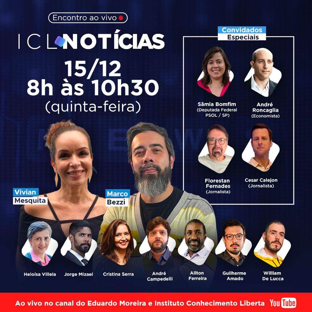 Veja agora o jornal ICL NOTÍCIAS, fique com a melhor informação sobre o Brasil.
Eu entro depois das 10h., e hoje falo de Magareth Menezes no Ministério da Cultura do Brasil.