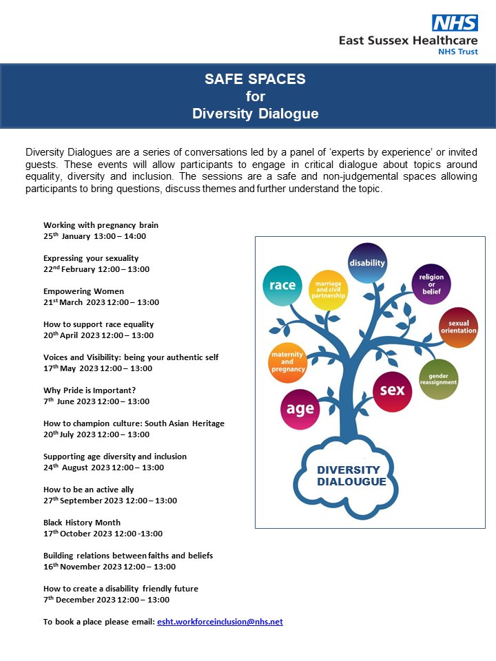 ESHT Equality & Diversity (@eshtequality) on Twitter photo <a href="/ESHTNHS/">East Sussex Healthcare NHS Trust</a> colleagues have you heard of our Diversity Dialogues sessions? It's a safe space to discuss equality topics📒
Get in early and book your space by emailing esht.workforceinclusion@nhs.net 📨You won't want to miss out 
<a href="/ESHTdis_ability/">ESHT Staff (Dis)Ability Network</a> <a href="/esht_lgbtqi/">ESHT_LGBTQI+</a> <a href="/ESHTEDeducation/">ESHT ED Education and Research</a> <a href="/ESHTNHS/">East Sussex Healthcare NHS Trust</a> colleagues have you heard of our Diversity Dialogues sessions? It's a safe space to discuss equality topics📒
Get in early and book your space by emailing esht.workforceinclusion@nhs.net 📨You won't want to miss out 
<a href="/ESHTdis_ability/">ESHT Staff (Dis)Ability Network</a> <a href="/esht_lgbtqi/">ESHT_LGBTQI+</a> <a href="/ESHTEDeducation/">ESHT ED Education and Research</a>