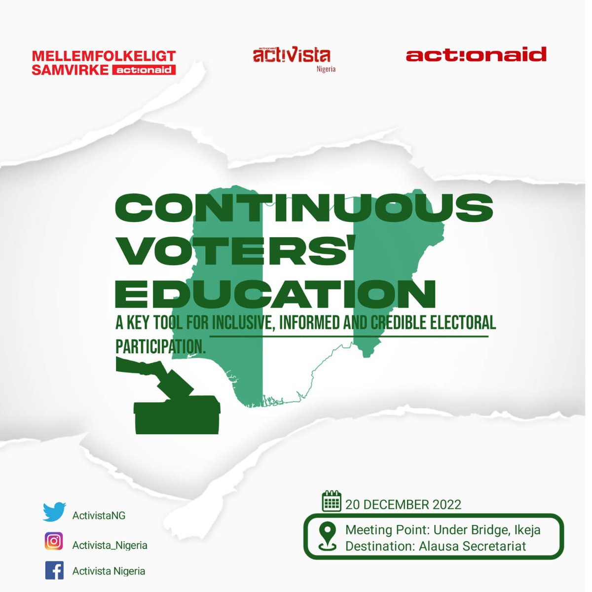 Activista Nigeria will be on the street of Lagos on 20th December, to educate Nigerians on the importance of collecting their PVC and full participation in the forth coming general election.
#NigeriaDecides2023 
#YourDecisionYourFuture
<a href="/ActionAidNG/">ActionAid Nigeria</a> 
<a href="/activista_lagos/">Activista Lagos</a>