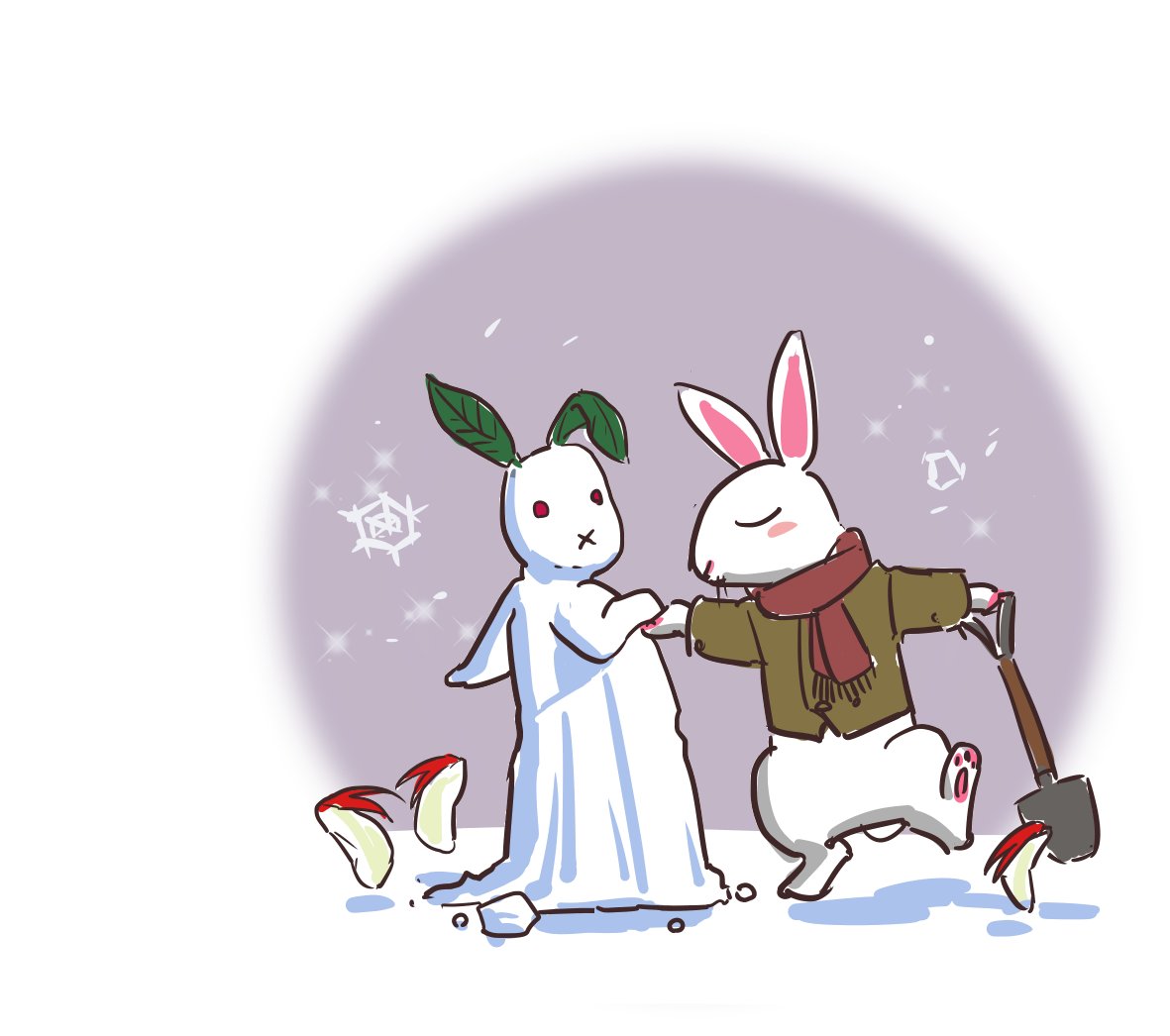 rabbit snow bunny no humans scarf shovel leaf sparkle  illustration images