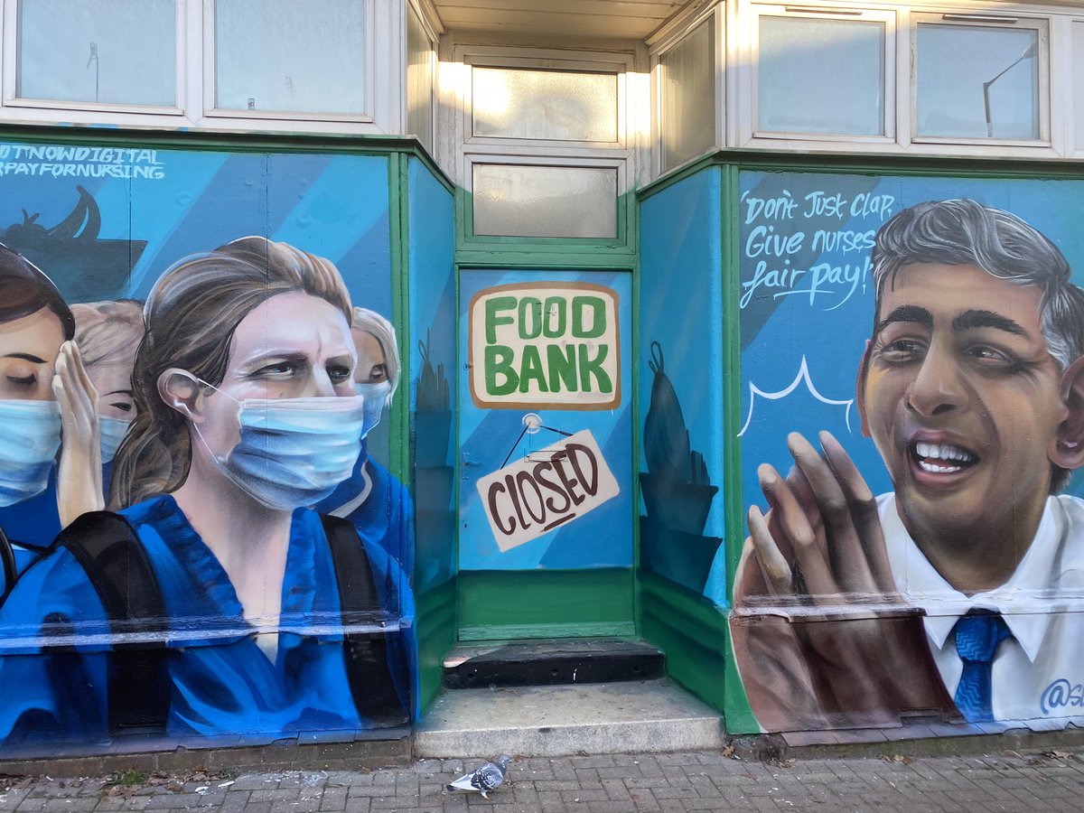 Striking nurses outside Southmead Hospital this morning & a new mural depicting the dispute by Sled One. See my film from various picket lines on @BBCPoliticsWest this Sunday 10AM BBC1