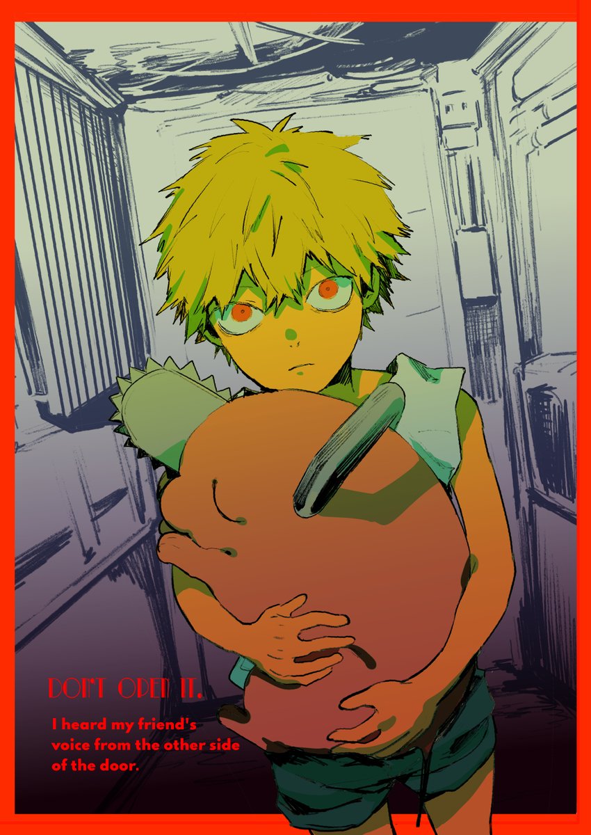 denji (chainsaw man) ,pochita (chainsaw man) chainsaw 1boy blonde hair shorts short hair holding looking at viewer  illustration images