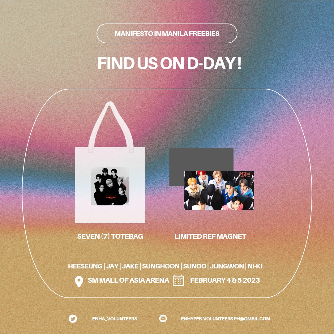 enha_volunteers's tweet photo. Team Loob or Labas, we are challenging you to find us &amp; claim a freebie on dday!

ㅡ must follow, retweet &amp; like this tweet 
present screenshot on dday to claim

ㅡ limited only 
7 totebag + 50 ref magnet

🗓️ February 4-5 2023 
📌 MOA Arena 

See you at #MANIFESTO_IN_MANILA https://t.co/YotJT9pMbC