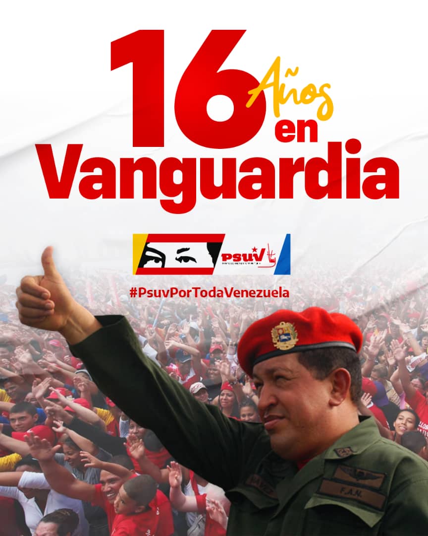 Hace 16 años nació el partido más grande e importante de toda Latinoamérica, nuestro glorioso @PartidoPSUV Han sido años de intensas batallas, lucha, aprendizaje y de mucha constancia. Que viva el PSUV, el partido de Chávez y @NicolasMaduro #16AñosEnVanguardia