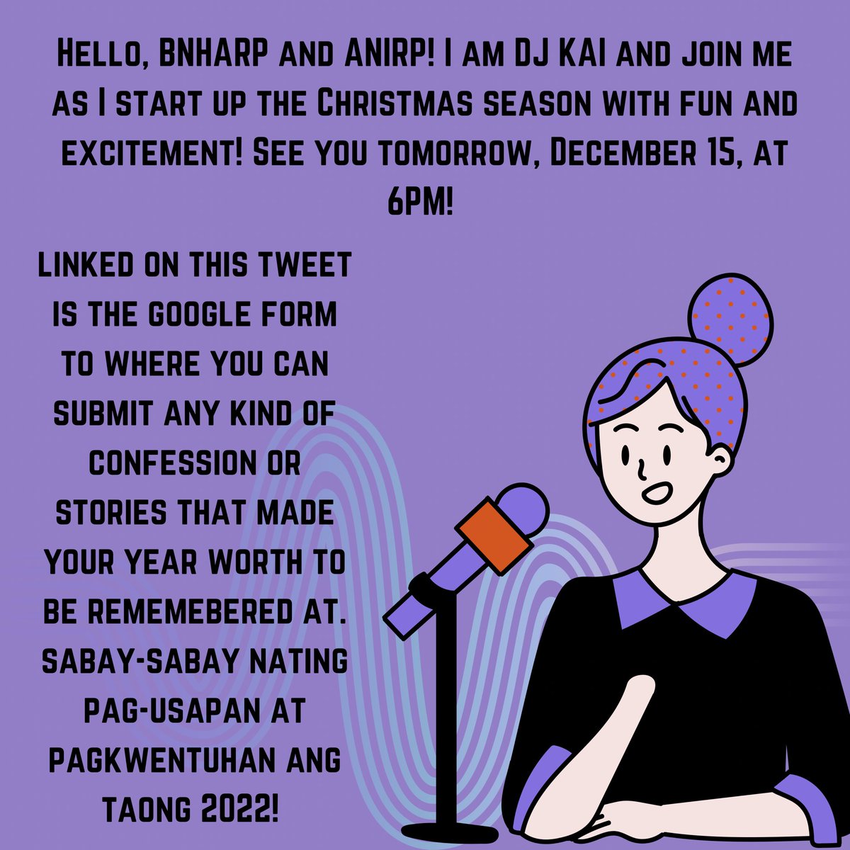 Hello, #BNHARP, #HQRP and #ANIRP! As 2022 is nearing on its end, join me on my podcast tomorrow, 6PM, as we'd look back on the memories that we had and on what made our 2022 better and a year to remember. Feel free to fill out the Google form to submit your stories!