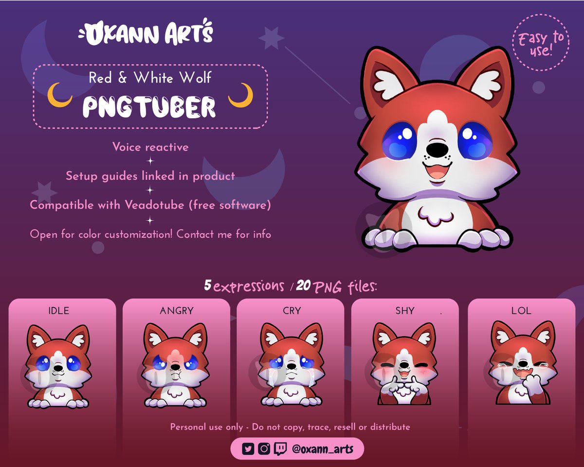 oxann_arts's tweet photo. The wolf PNGTuber is now available in White, Red and Dark versions! Etsy link is in my bio! 🐺
This model is also available for color customization on demand, dm me for more info!
#pngtuber #vtuber #wolfstreamer https://t.co/rXxu4pqJbh