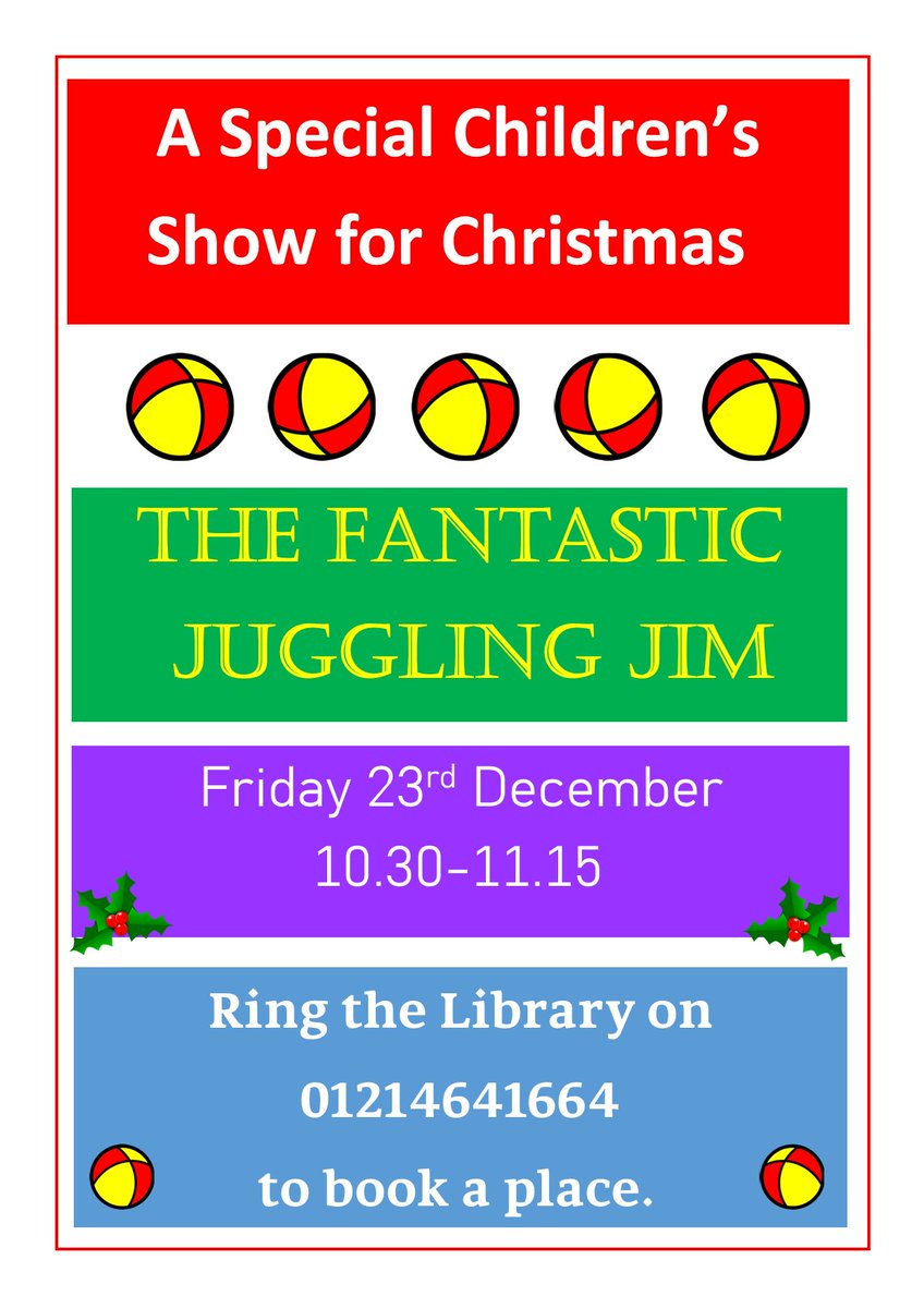 We have a special Christmas Juggling show for children on Friday 23rd December at 10.30, places are limited so please ring the library on the number below to reserve a place.