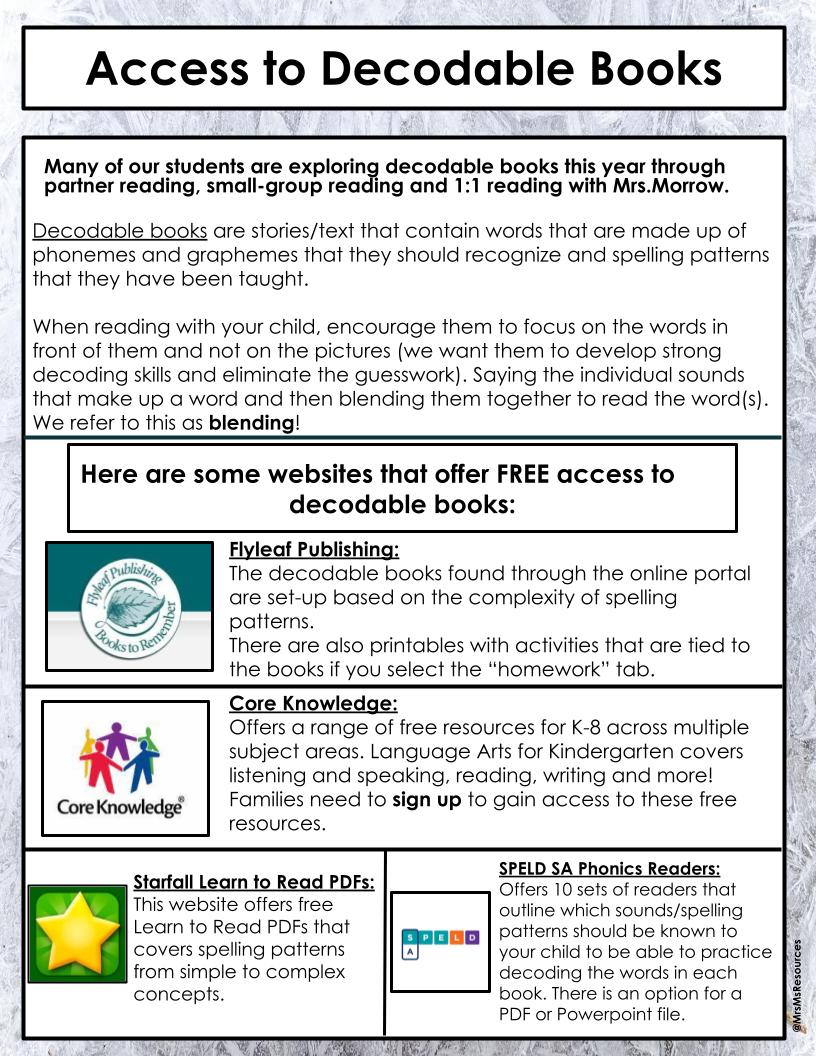 Here is a short note to share with families that outlines what decodable books are + helpful reading strategies. 
It also gives families a few options to access decodables that are free to read at home. 

docs.google.com/presentation/d…

#Literacy #HomeReading #EduTwitter #Decodables