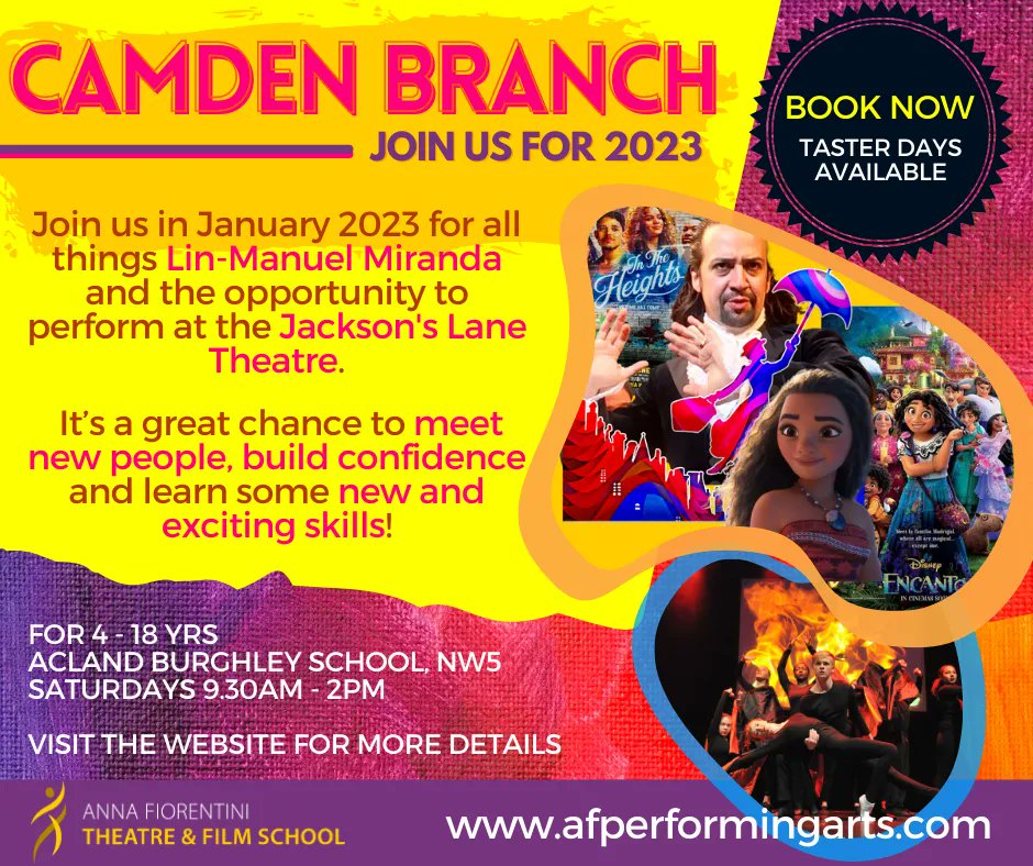 Sign up for the amazing opportunity for kids to perform at the Jackson's Lane Arts Centre with award winning theatre school. From #Encanto to #Hamilton, #MaryPoppins to #Moana, #BringItOn to #IntheHeights our Camden branch will explore the wonderful musicals of Lin-Manuel Miranda