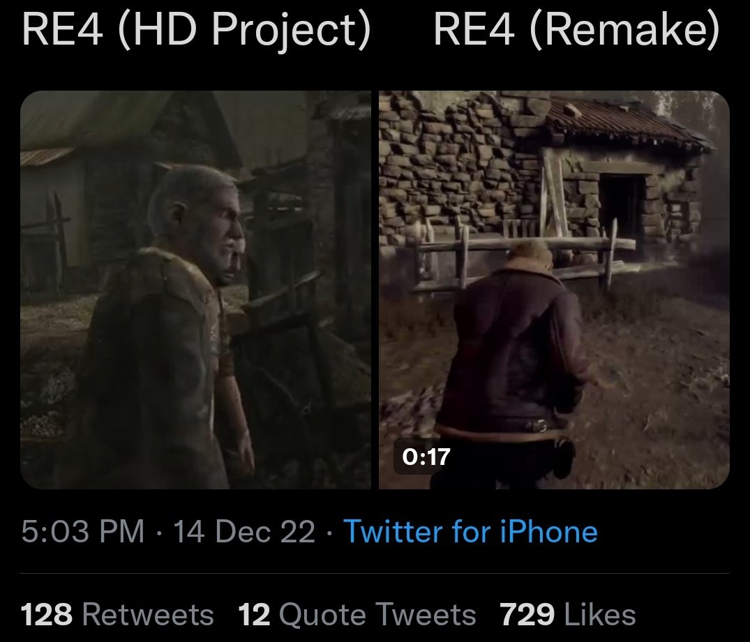 UnitTAIGA024's tweet photo. Like one is a group of fans and the other is the company with a giant budget. 
Like just show vanilla #RE4 next to #RE4Remake https://t.co/sS7fqidEGz