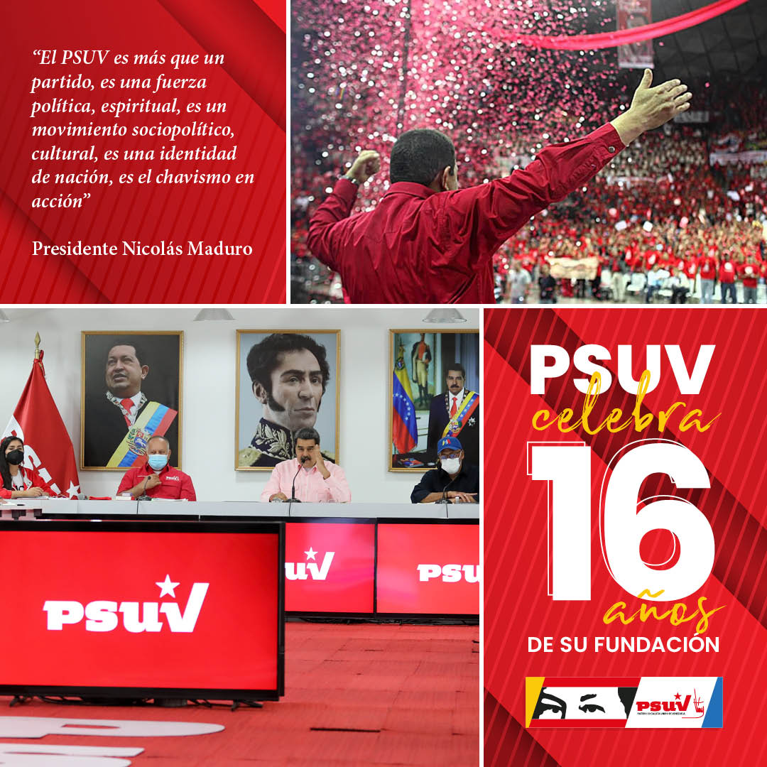PartidoPSUV's tweet photo. "El PSUV es más que un partido, es una fuerza política, espiritual, es un movimiento sociopolítico, cultural, es una identidad de nación, es el chavismo en acción", presidente Nicolás Maduro.

@NicolasMaduro 
#16AñosEnVanguardia https://t.co/r2kRY8EIrn