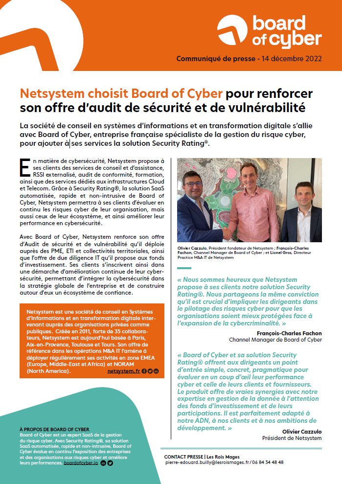 Communiqué #Cybersécurité | Partenariat Netsystem x Board of Cyber 

👉 En intégrant à ses services notre solution Security Rating® , <a href="/NetsystemDIGI/">Netsystem</a> renforce son offre d’Audit de sécurité et son offre de #DueDiligenceIT pour les fonds d’investissement.

#SecurityRating