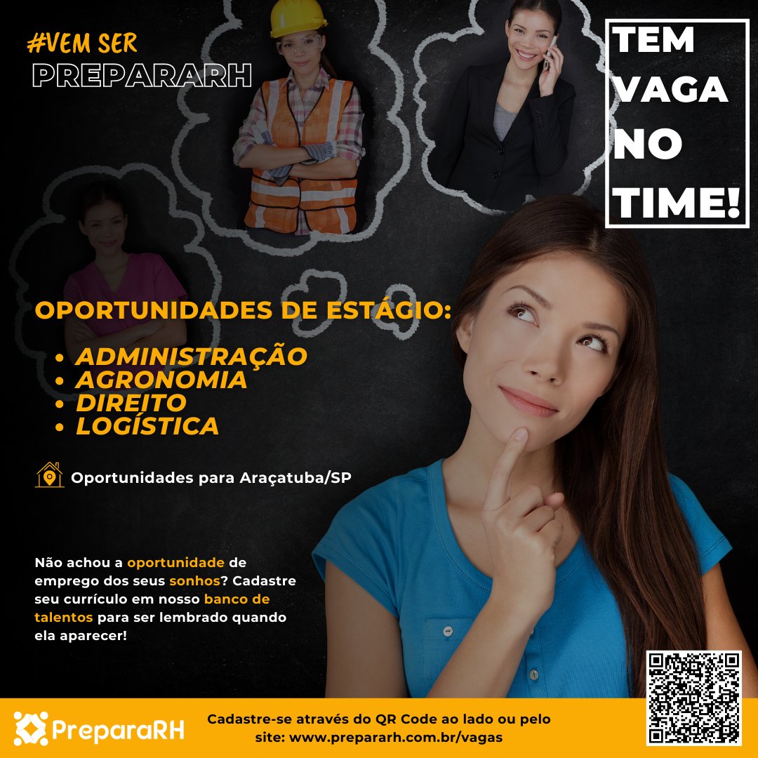 PreparaRh's tweet photo. Bom dia pessoal! Estamos com diversas oportunidades para #estagiários em Araçatuba/SP!

Estamos recrutando estagiários de:
- Administração
- Direito
- Agronomia
- Logística

#compartilhe com sua rede e boa sorte a todos!

#TemosVagas #OportunidadeDeEmprego #rh #prepararh https://t.co/JLDt1tH3o7
