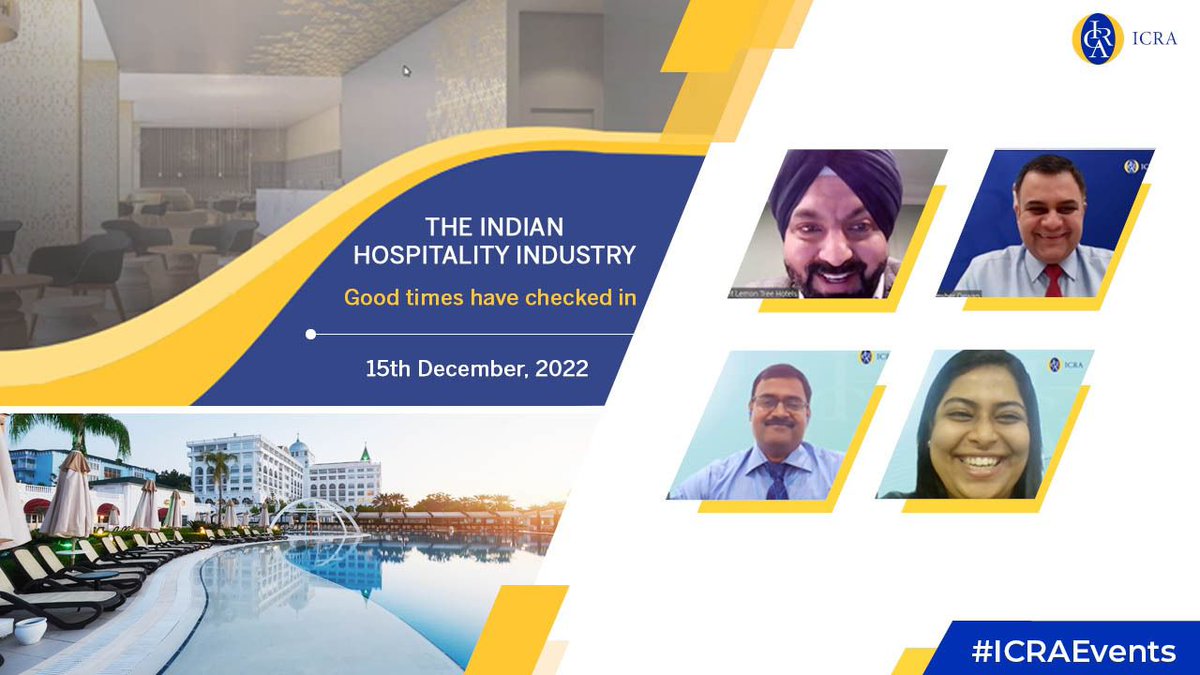 Here's a glimpse of our webinar on 'The #IndianHospitalityIndustry - Good Times Have Checked-In' concluded earlier today. We thank our esteemed panellist Mr. Vikramjit Singh and the team from ICRA for sharing valuable insights. 

#ICRAEvents #HotelIndustry #HotelChains