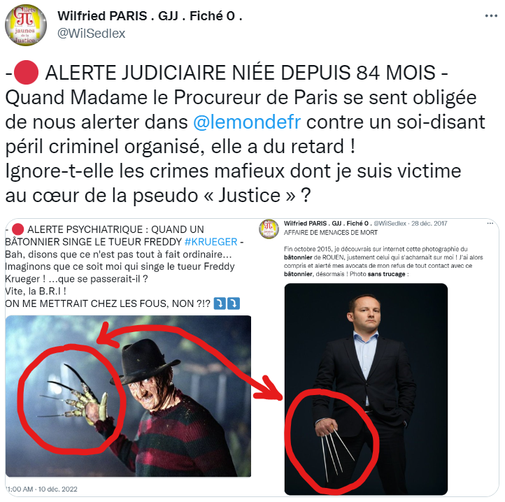 WilSedlex's tweet photo. - 🔴🔴🔴 MON AFFAIRE EST « UN FILM » ! -
Si j'inventais tout ça, je mériterais sûrement
une petite hospitalisation d'office chez les fous.
Malheureusement je n'invente rien, le « Bâtonnier »
singeait le TUEUR FREDDY KRUEGER mais c'est
moi que Sire #Bohnert tenta de PSYCHIATRISER. https://t.co/ceTfny6cRP
