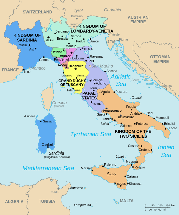 Italy in 1843, with Sardinia / Savoy in the north west, taken from https://en.wikipedia.org/wiki/Unification_of_Italy#/media/File:Italy_1843.svg