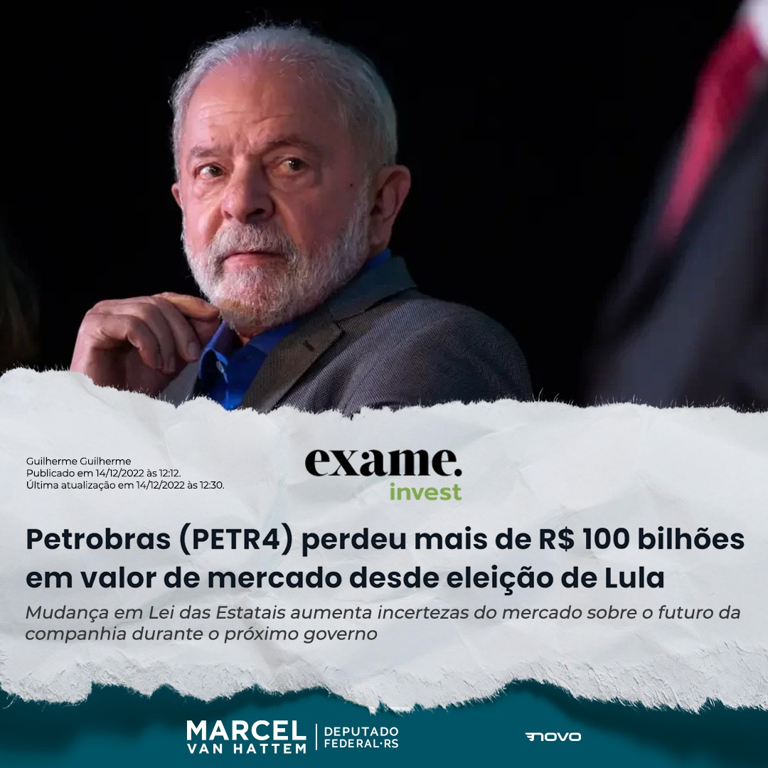 marcelvanhattem's tweet photo. Lula volta a sangrar a Petrobras! A companhia perdeu R$ 117 bilhões em valor de mercado desde a eleição e o prejuízo pode ser maior. A percepção do mercado é de que aumentou o risco de intervenção direta nas estatais com a aprovação da maldita Emenda Mercadante. Um desastre! https://t.co/xWdbka4Uo1