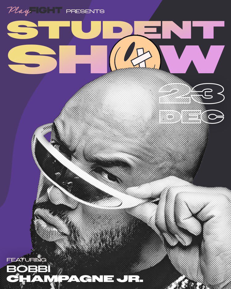 Student Show announcements incoming!

Host with the most… it’s only bloody Bobby Champagne Jr! 

Expect a cringey Christmas cracker of a night - filled with bumps, beer &amp; generous helpings of brawn.

Last few tickets now up for grabs. 

Get em here: playfightlondon.com/book-a-class