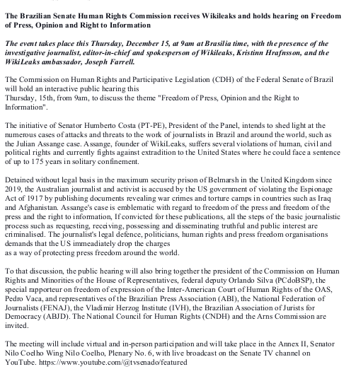 wikileaks's tweet photo. WikiLeaks delegation meet Brazilian Senate Human Rights Commission to discuss Julian Assange and Freedom of the Press 

Comissão de Direitos Humanos do Senado recebe WikiLeaks e realiza audiência sobre Liberdade de Imprensa 
Live Now / AO VIVO: https://t.co/z6pelfl7Pe https://t.co/1tRdw6LXWr
