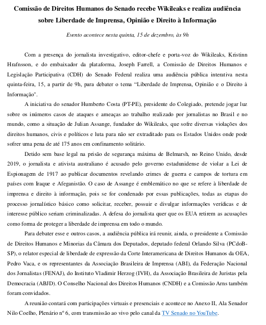 wikileaks's tweet photo. WikiLeaks delegation meet Brazilian Senate Human Rights Commission to discuss Julian Assange and Freedom of the Press 

Comissão de Direitos Humanos do Senado recebe WikiLeaks e realiza audiência sobre Liberdade de Imprensa 
Live Now / AO VIVO: https://t.co/z6pelfl7Pe https://t.co/1tRdw6LXWr