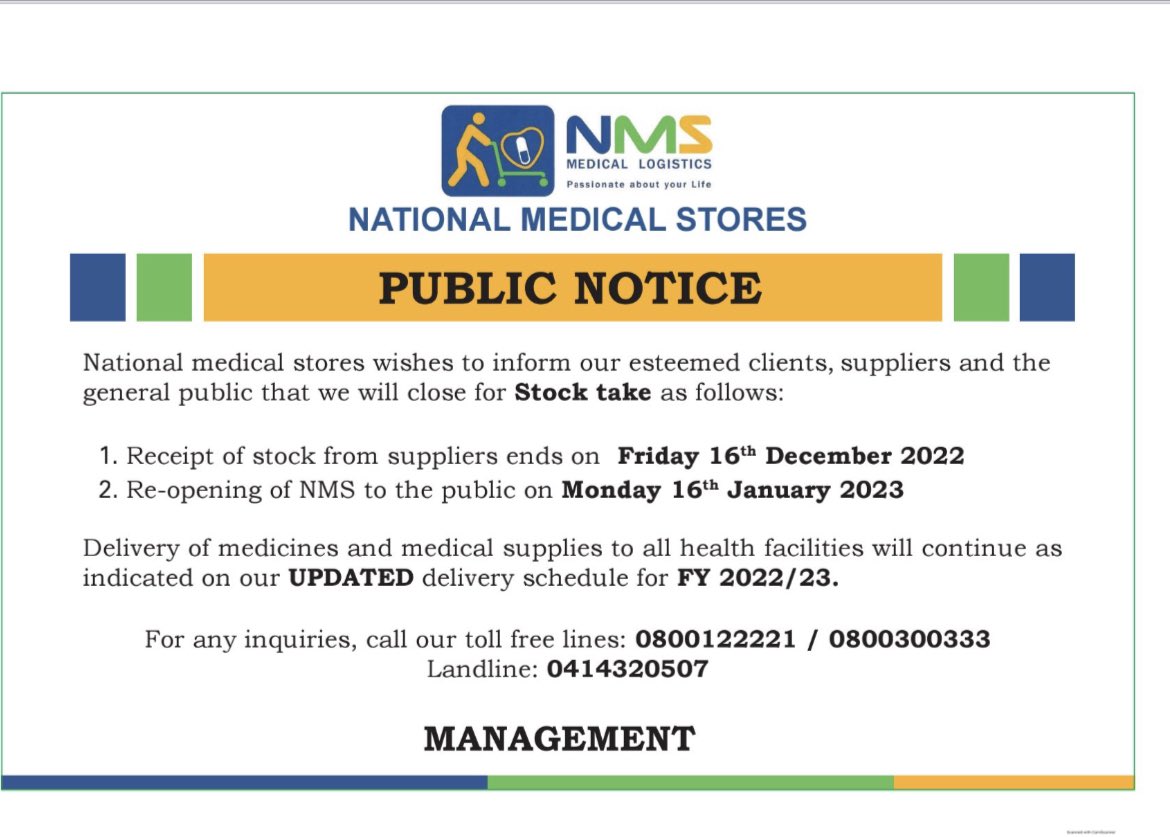 Snduhukire's tweet photo. Public announcement
NMS will close for stocktake as follows:
Receipt of stock from suppliers ends tomorrow, Friday, 16th Dec 2022 and will reopen on 16th January 2023
Internal Operations and Deliveries of medicines to health facilities will continue normally π #ChatWithNMS https://t.co/Dmuyu5dNas