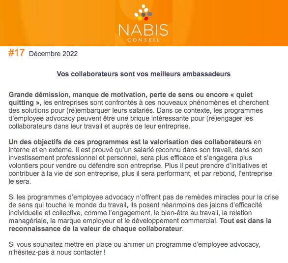 [Stratégie] Vos collaborateurs sont vos meilleurs ambassadeurs ! L’agence Nabis Conseil vous accompagne ds votre programme #EmployeeAdvocacy 📲 #reseauxsociaux #socialmedia #MarqueEmployeur #ExperienceCollaborateur cc @LaurentBorrell Plus d’infos ➡️ 2oixt.r.ag.d.sendibm3.com/mk/mr/24-1cb7m…