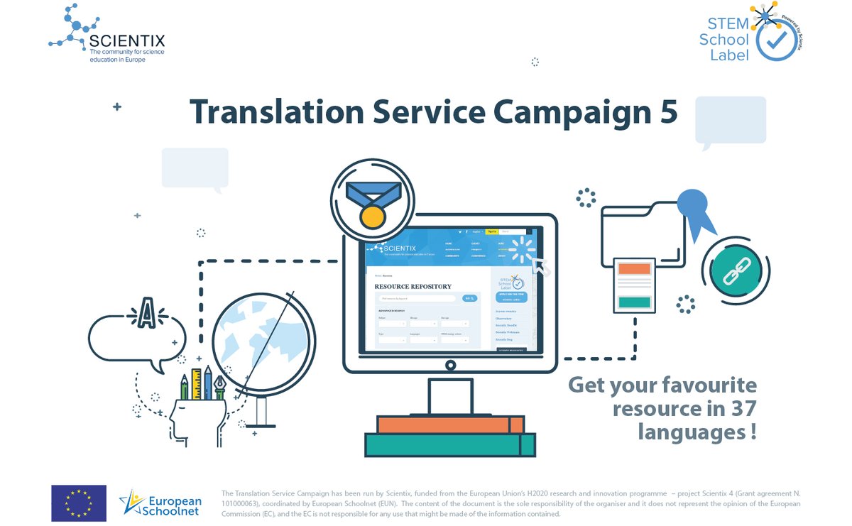 scientix_eu's tweet image. 🤔Do you want to get your favourite #Scientix resource translated into your language? Then participate in the #TranslationServiceCampaign! 
❓How? 
💻Log in to the Scientix platform
📚Select your resource 
🖱️Choose a language(s)!
Click⬇️ 
bit.ly/3BAQgEd
